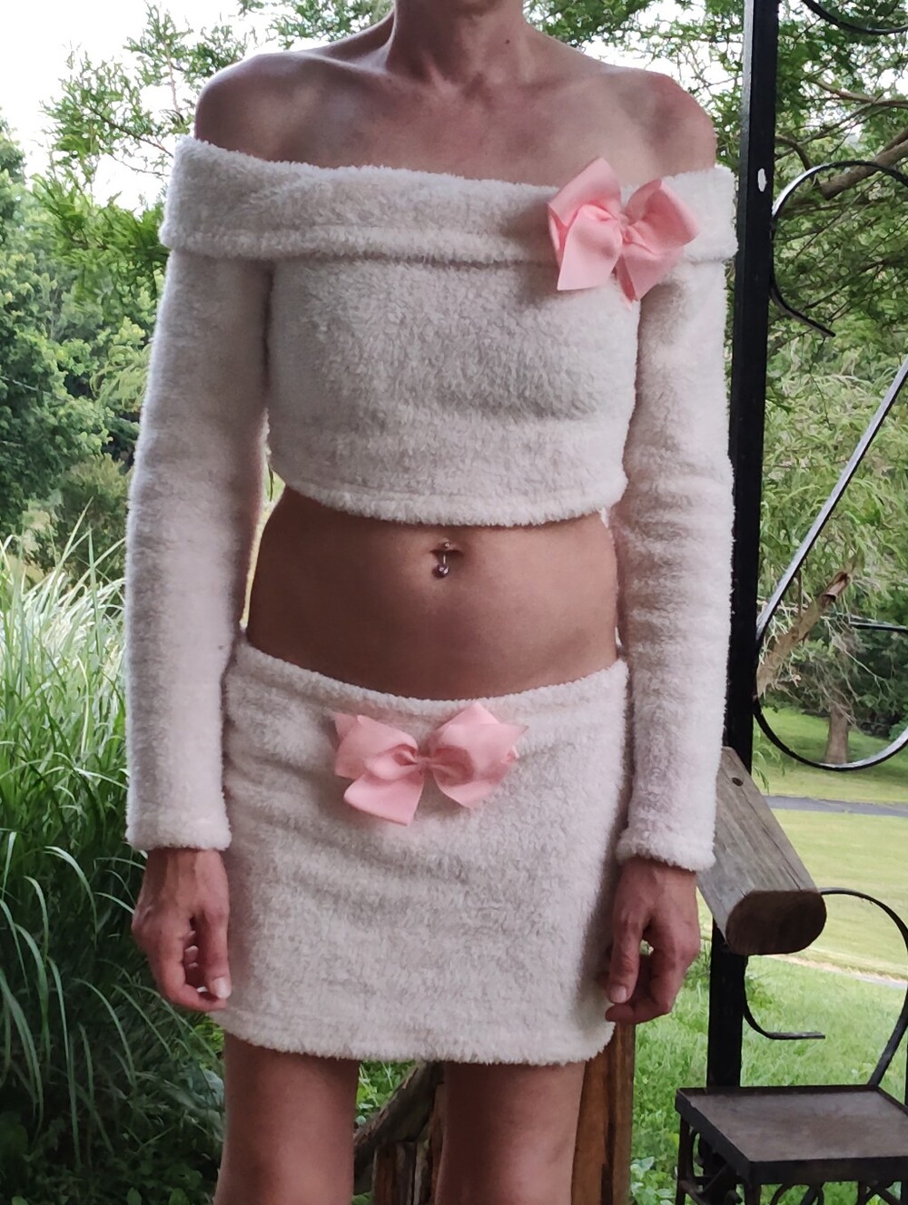 Off White Fuzzy Off Shoulder Crop Top With Matching Skirt With Pink Bow Accents